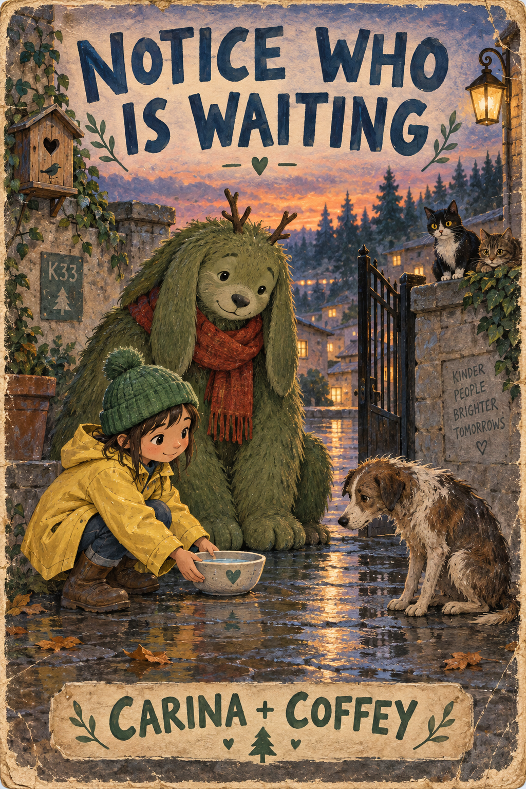 Carina and Coffey offering a frightened dog water