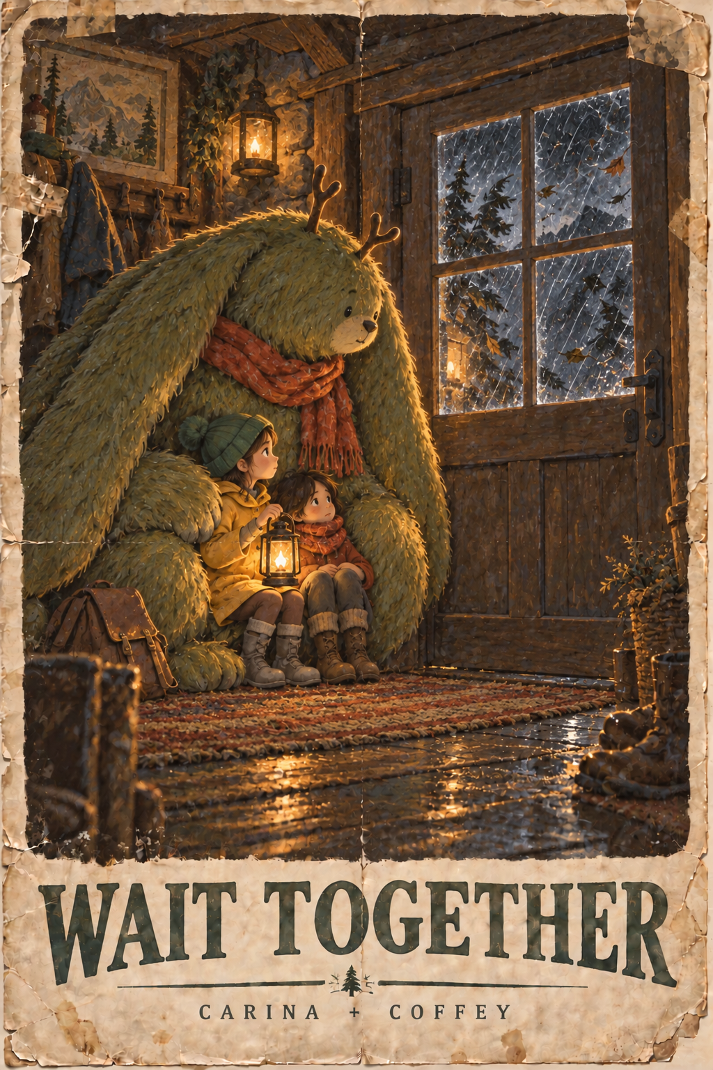 Coffey sheltering Carina and a child while they wait inside during a storm
